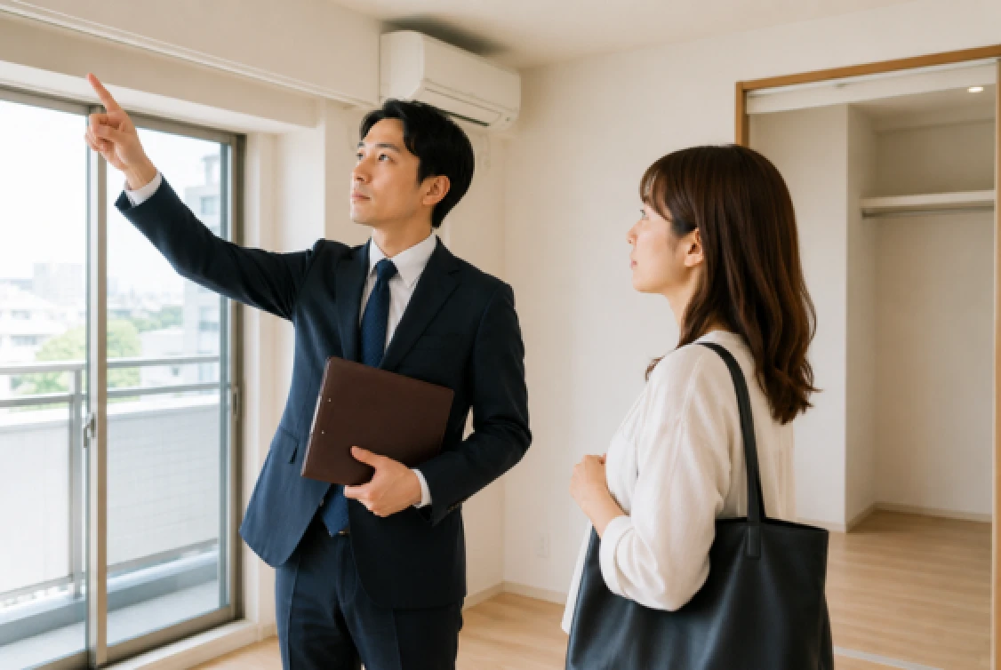 退去立会いを行うスタッフと入居者の様子