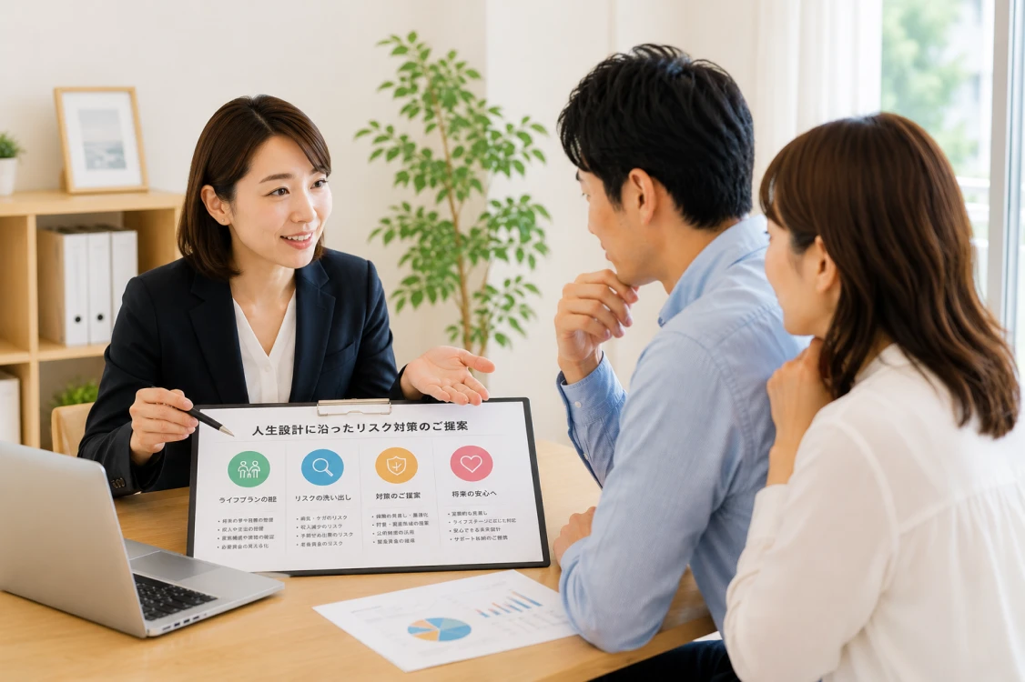 保険提案資料を見せながら説明するスタッフと夫婦
