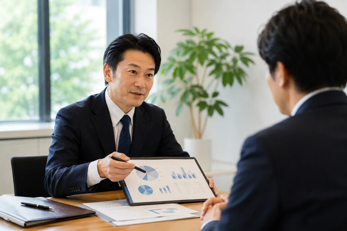 経営者同士が資料を見ながら打ち合わせる様子